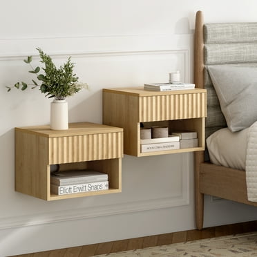 EYYTHUNG Wall-Mounted Floating Nightstand Set of 2, Modern Fluted Cabinet Bedside Table with Drawer & Storage Shelf, Natural Oak