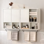 EYYTHUNG White Fluted Wooden Medicine Cabinet Storage, Bathroom Wall Cabinet with 2 Doors Adjustable Shelf and Towels Bar