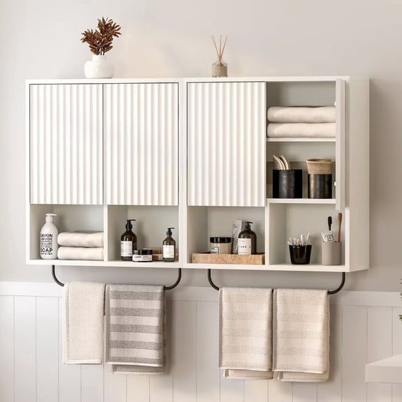 EYYTHUNG White Fluted Wooden Medicine Cabinet Storage, Bathroom Wall Cabinet with 2 Doors Adjustable Shelf and Towels Bar