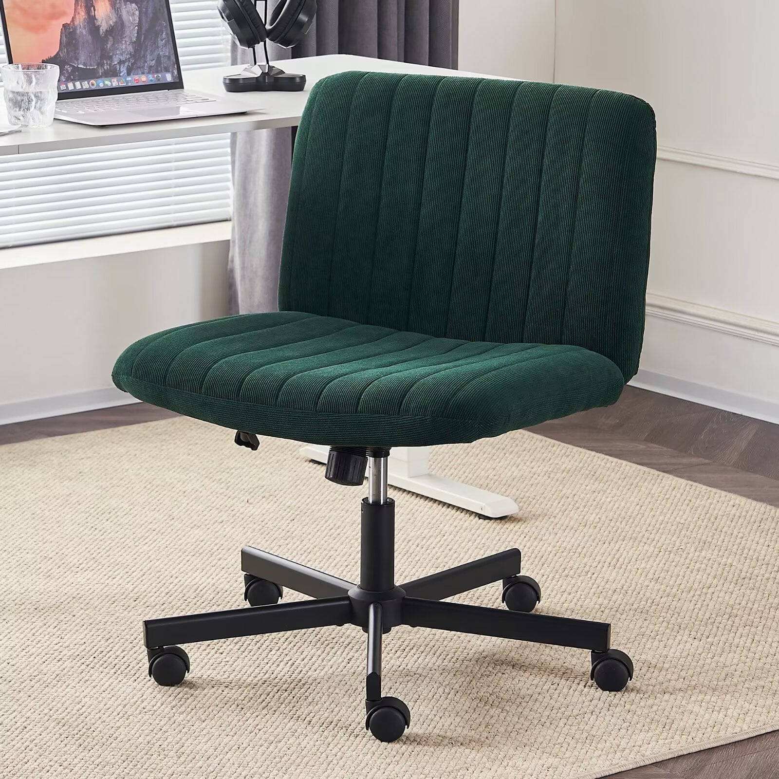 EYYTHUNG Wide Seat Crossleg Chair with Wheels, Velvet Home Office Computer Desk Chair, Swivel Side Vanity Chair Green for Girl, Dark Green