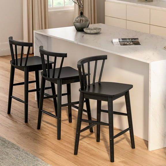 EYYTHUNG Wood Bar Stool Set of 3, 24-Inch Farmhouse Counter Height Stool Chairs with Ergonomic Curved Back, Black
