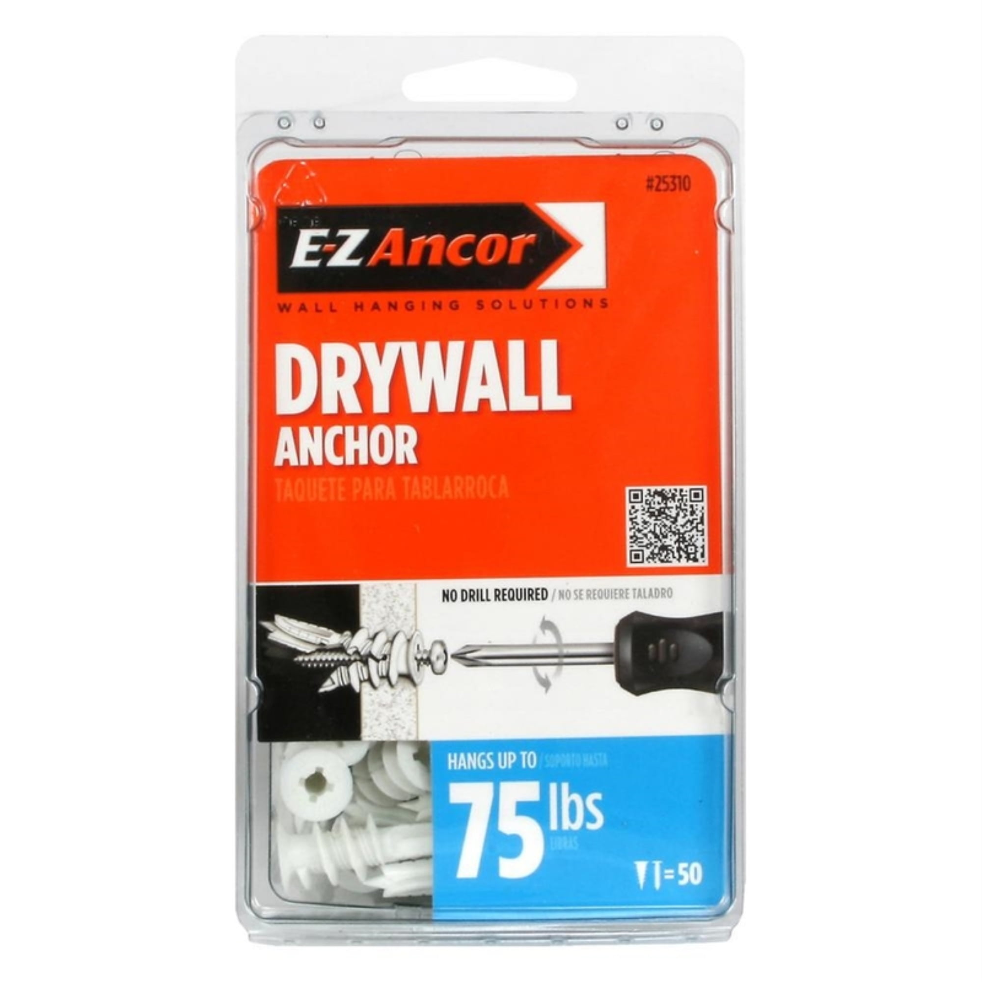 EZ Ancor 25310 Drywall Anchors, SelfDrilling, Plastic, 75, 50Pk