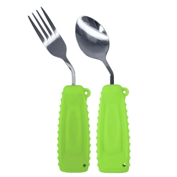 EZ Assistive Adaptive Utensils Spoon And Fork Right Weighted Utensils For Hand Tremors Green
