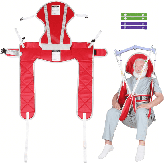 EZ Assistive Patient Lift Sling with Head Support, Toileting Transfer Sling for Elderly and Disabled, Polyester Padded Lift Sling, 500 lb Capacity, Red, Large