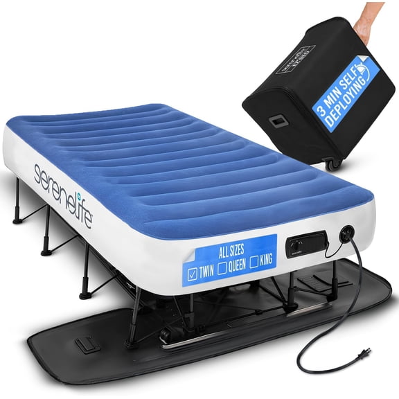 EZ Bed Air Mattress with Frame and Rolling Case, Self-Inflating Airbed with Built in Pump for Travel and Hosting, Twin