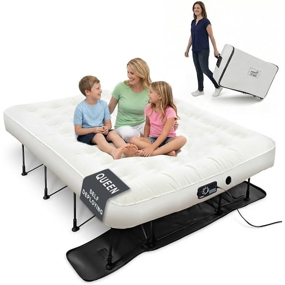 EZ-Bed (Queen) Inflatable Air Mattress with Frame & Built-in Pump - 3 Min Self Inflate/Deflate - Raised Blow up Bed with Legs, Auto Shut Off, Premium Coil Design, Wheeled Portable Case