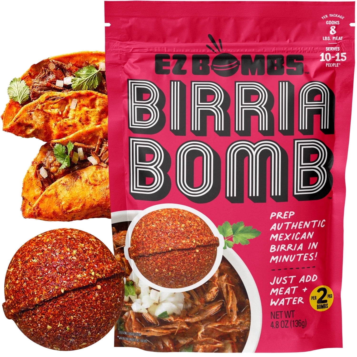 EZ Bombs Birria Bomb Seasoning, 2 Pack Authentic Mexican Spice Mix for Tacos, Burritos, Nachos, and Quesadillas Made with Real Chiles, Herbs, and Spices for Quick and Flavorful Meals