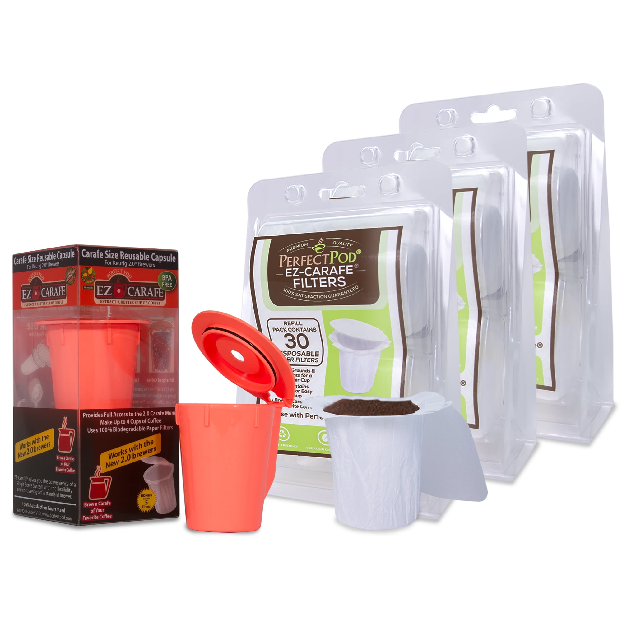EZ Carafe Reusable Pod Capsule and 90 Ct Disposable Paper Coffee Filter For Keurig K Carafe Coffee Makers