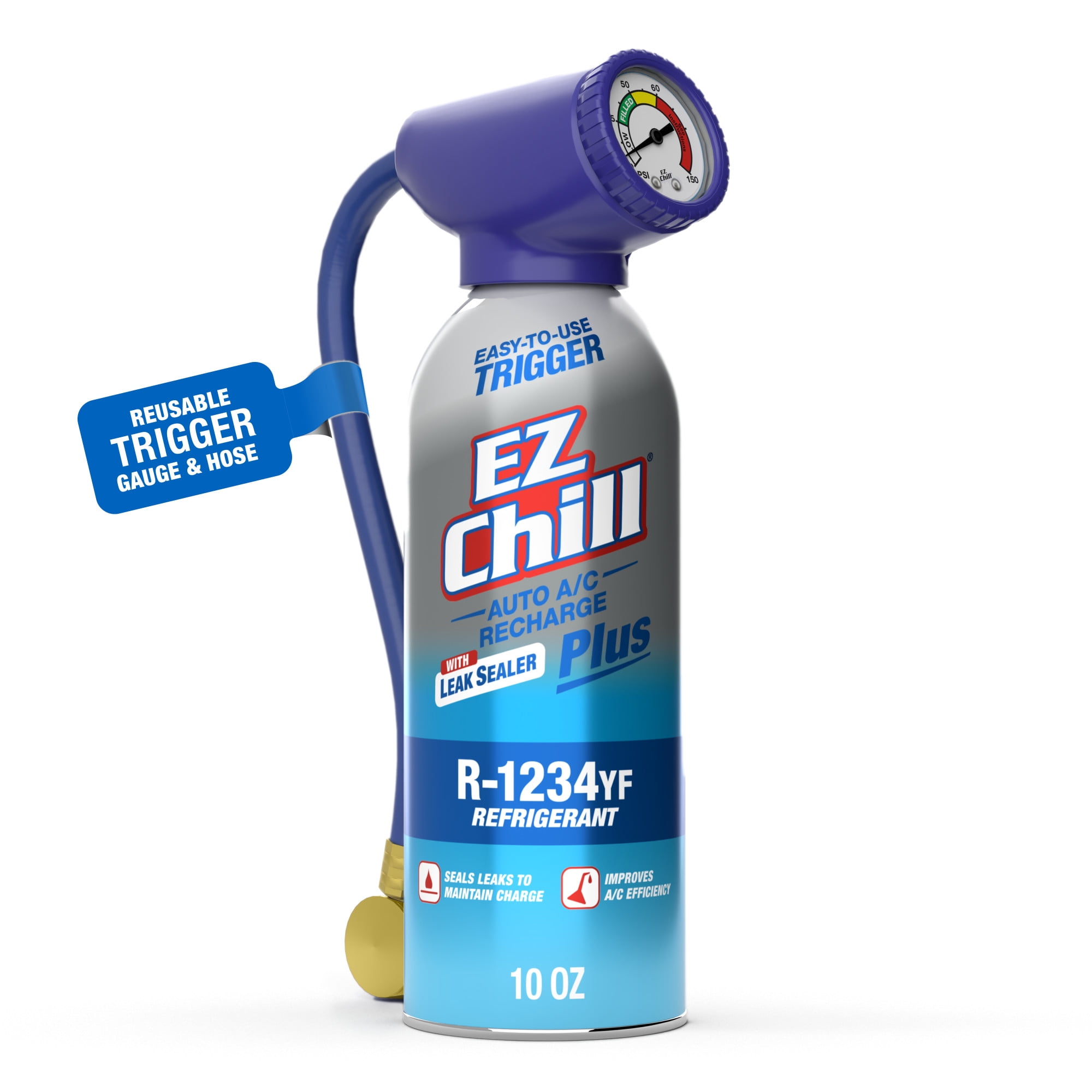 EZ Chill R-1234YF Refrigerant Plus Leak Sealer Car A/C Recharge Kit, 10 oz Can With Gauge and Hose