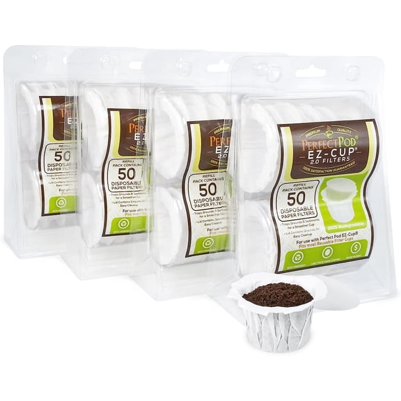 EZ-Cup Disposable Paper Filters with Patented Lid Design for Reusable Coffee Pods - 4 Pack (200 Filters)