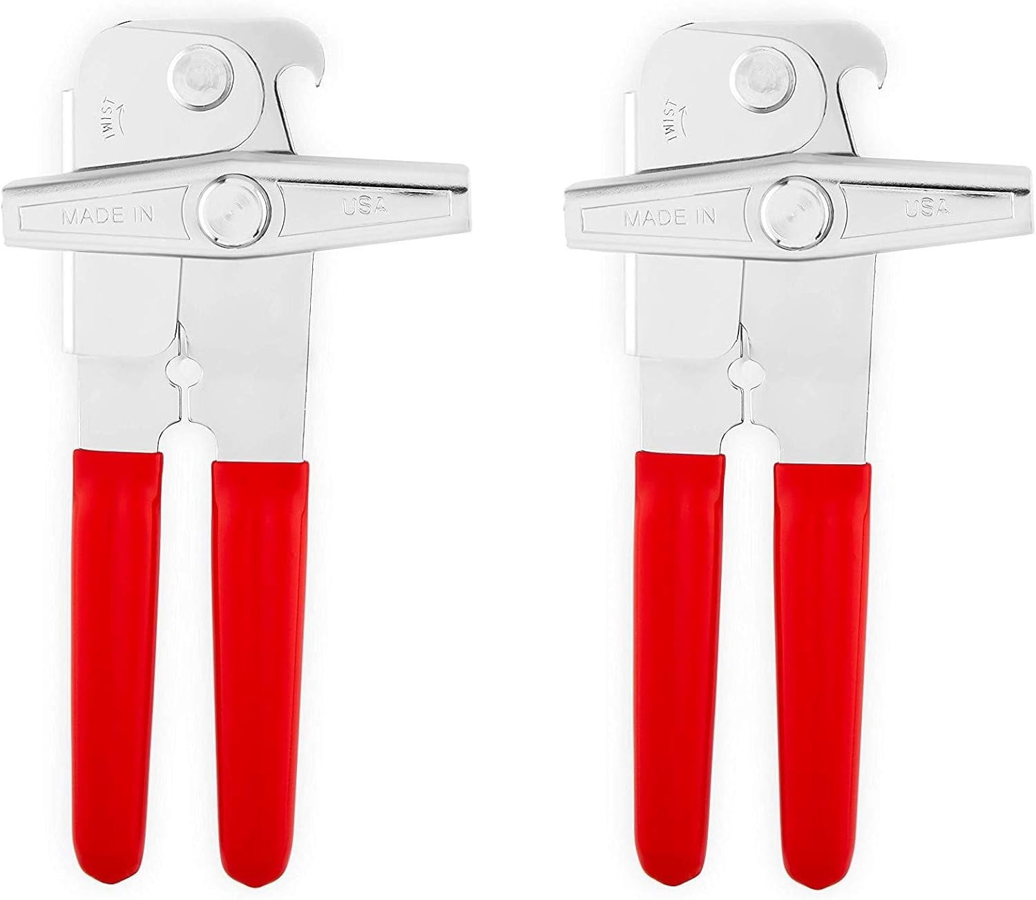 EZ-DUZ-IT Deluxe Manual 2pk Can Opener with Red Non-Slip Grips, Heavy Duty Steel Handheld Can Opener, Smooth Turning Crank, Durable Kitchen Tool, Set of 2