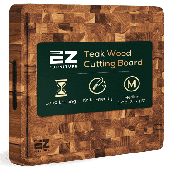 EZ FURNITURE Medium (M) Teak End Grain Cutting Board, Reversible, Knife-Friendly Charcuterie Wood Cutting Board with Juice Groove & Handles, Non-Toxic, Gift Box Included (7" x 13" x 1.5")