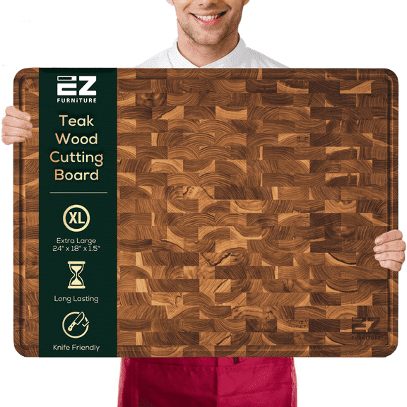 EZ FURNITURE 24 x 18 inch Extra Large Teak Cutting Board, End Grain Cutting Board with Juice Groove and Handles, Large Wooden Cutting Board, Wooden Chopping Board for Meat, Vegetables, Fruit