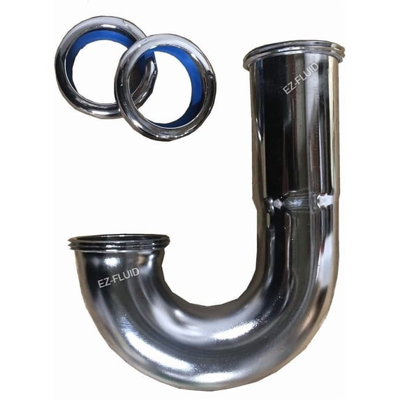EZ-Fluid 1-1/2" Heavy Duty 17 Gauge High Profile Sink Trap J Bend Thick Brass Tubular w/Brass Nuts, High Inlet J Shape for Sink Drain P-Trap Kit Chrome