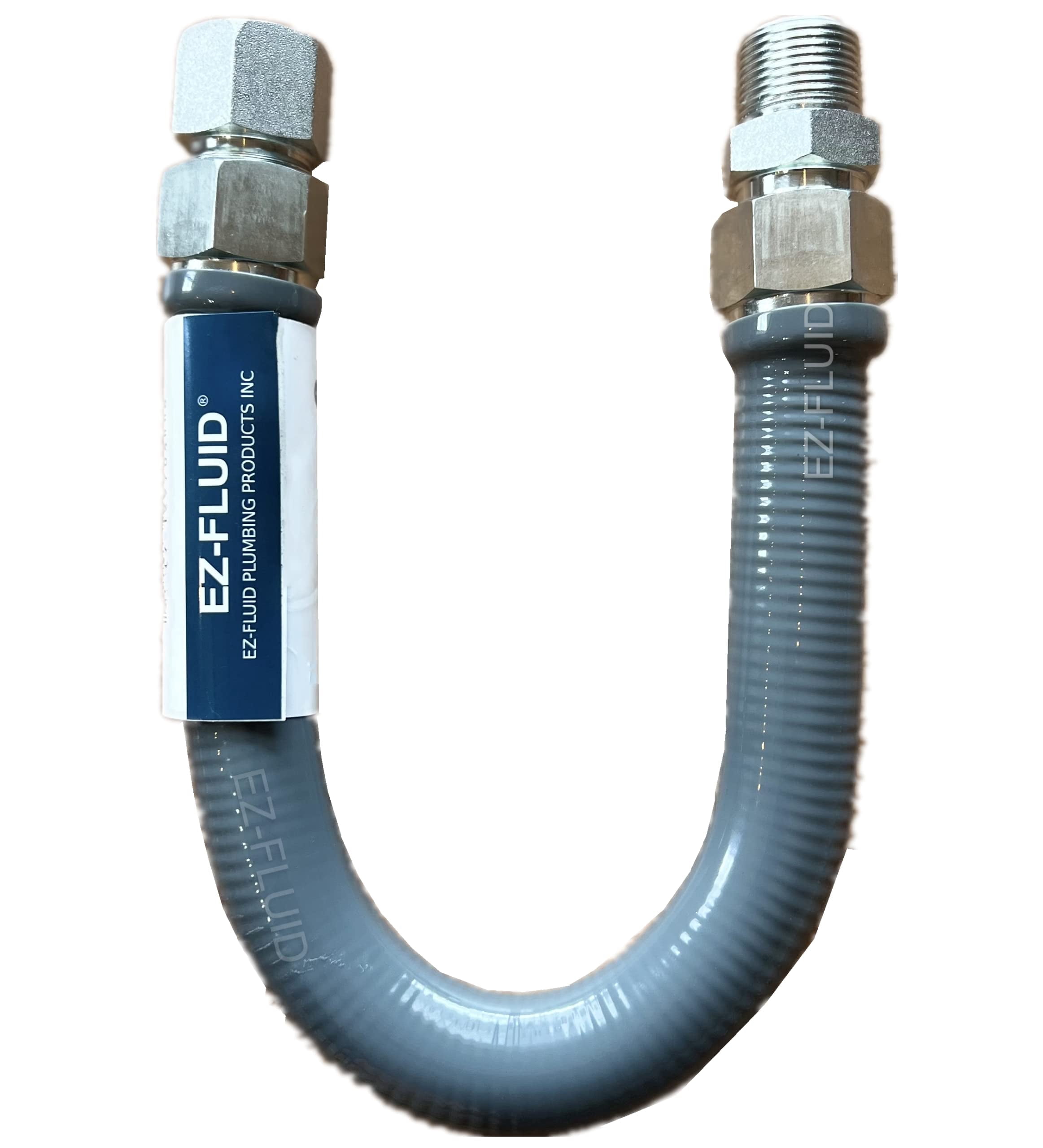 EZ-Fluid (1) 18" (1"OD) 3/4"MIP x 3/4"FIP High Flow Full Port Appliance Gas Connector, Grey/Gray PVC Coated Gas Flexible Line,Stainless Steel,High Btu, Gas Connector Hose Supply, Indoor,Outdoor