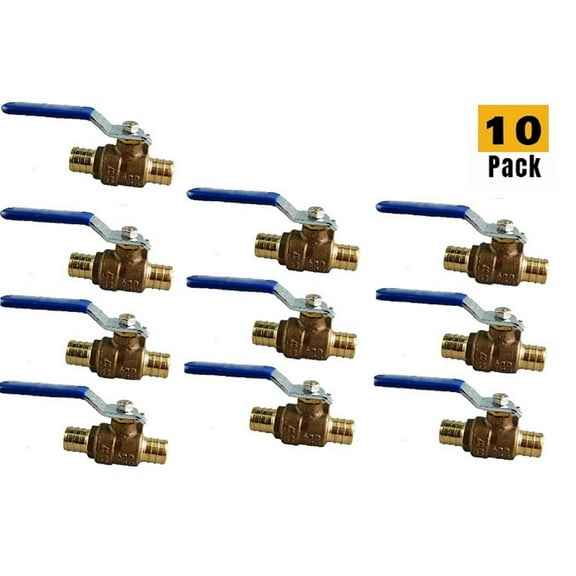 EZ-Fluid 3/4" Brass PEX Ball Valve Full Port Water Stop Shut Off Valve,Barb Crimp Ring Type,Lead Free,Pex Fittings on Both End for Pex Tubing-10Pcs