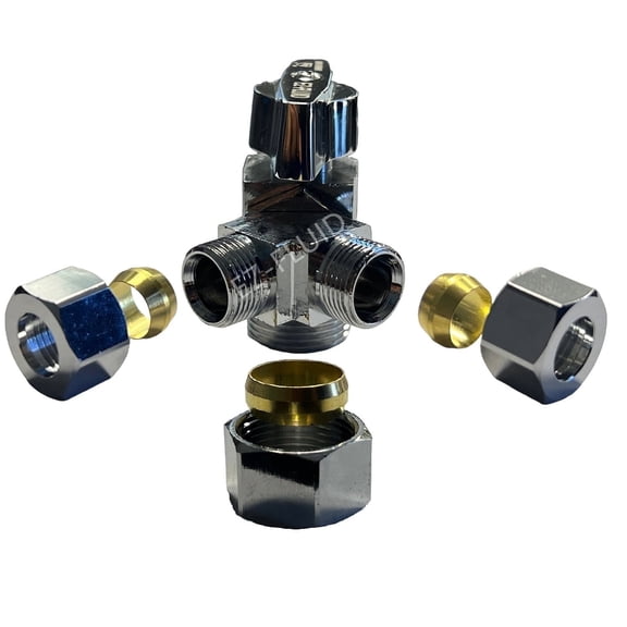 EZ-Fluid 5/8" Comp O.D X 1/4"Comp X 3/8"Comp 1/4 Turn Dual Outlets Heavy Duty Chrome Brass Angle Stop Valve Water Shut Off Ball Valve Plumbing(1)