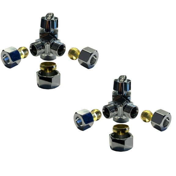 EZ-Fluid 5/8" Comp O.D X 3/8"Comp X 3/8"Comp 1/4 Turn Dual Outlets Heavy Duty Chrome Brass Angle Stop Valve Water Shut Off Ball Valve For Water Pipes,Kitchen,Bathroom(2)