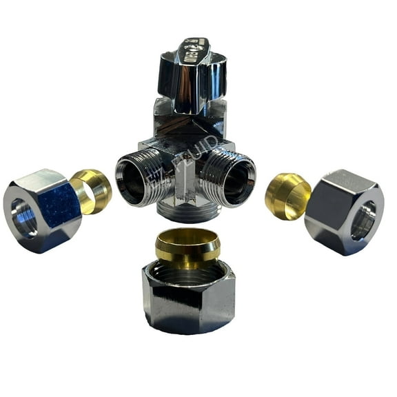 EZ-Fluid 5/8" Comp O.D X 3/8"Comp X 3/8"Comp 1/4 Turn Dual Outlets Heavy Duty Chrome Brass Angle Stop Valve Water Shut Off Ball Valve (1)
