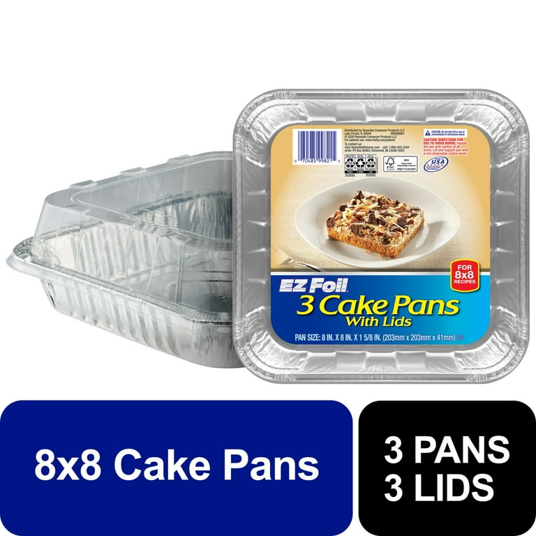 EZ Foil Disposable Square Cake Pans with Lids, 8x8 Inch, Durable