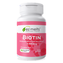 EZ Melts Biotin for Healthy Hair, Skin and Nails, 5000 mcg 90 Tablets, Strawberry Flavored, Vegan Dietary Supplements, Dissolvable and Fast Melting