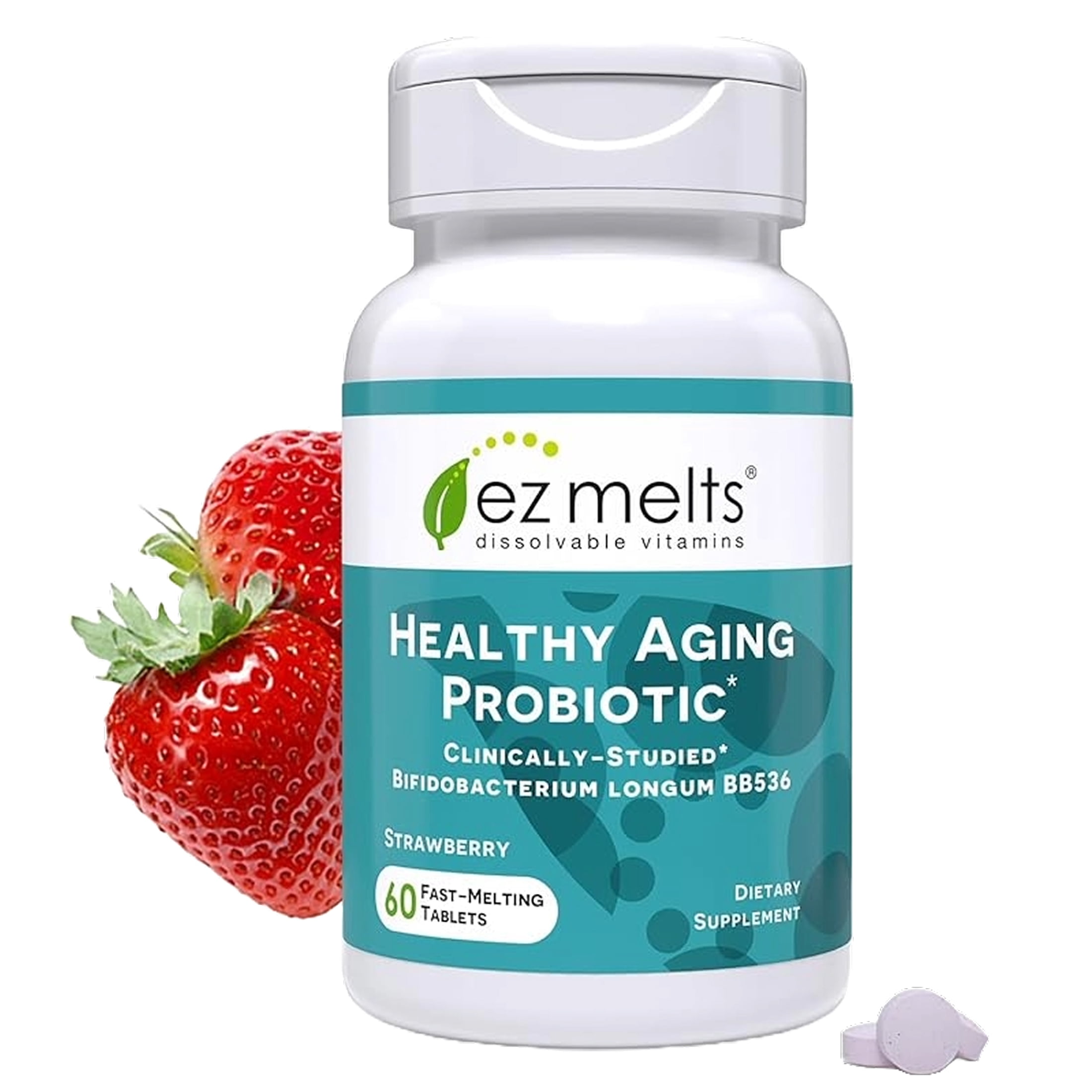 EZ Melts Healthy Aging Probiotic - Daily Probiotic for Digestive & Gut Health Support - with Bifidobacterium Longum - Non-GMO & Vegan - Strawberry - 60 Dissolvable Tablets (60 Servings)