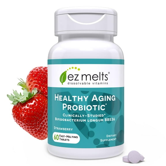 EZ Melts Healthy Aging Probiotic - Daily Probiotic for Digestive & Gut Health Support - With Bifidobacterium Longum - Non-GMO & Vegan - Strawberry - 60 Dissolvable Tablets (60 Servings)