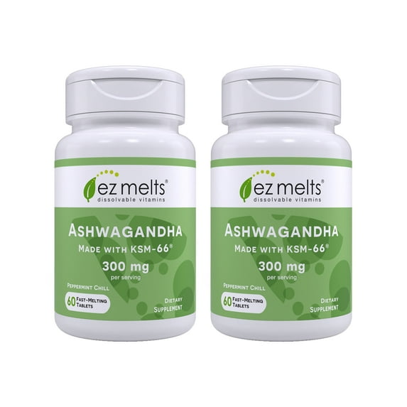 EZ Melts Dissolvable KSM-66 Ashwagandha, 300 mg, Sugar-Free, Stress, Sleep and Mood Support Supplement, 30-Day Supply, Peppermint Chill-Flavor - 2 Pack