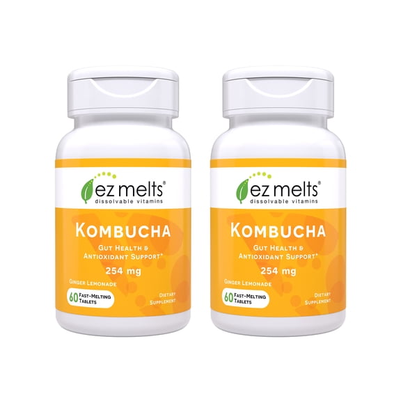EZ Melts Dissolvable Sugar-Free Kombucha Tablets with SCOBY & Apple Cider Vinegar, Gut Health Supplements for Men & Women, Ginger Lemonade Flavor, 2-Month Supply - 2 Pack