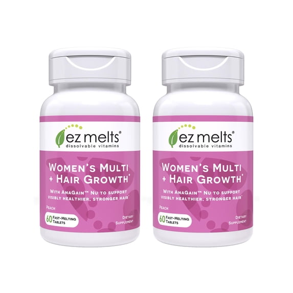 EZ Melts Dissolvable Multivitamin for Women + Hair Growth with Biotin, Bamboo Extract & Clinically Studied AnaGain Nu, Supports Visibly Healthier, Stronger Hair, Sugar- Peach Flavor - 2 Pack