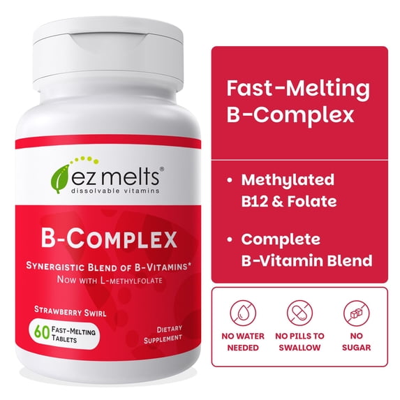 EZ Melts Dissolvable B-Complex - Vitamin B Complex - Provides Energy Metabolism & Heart Health Support - With Methylated B12 & Folate - Non-GMO & Vegan - Strawberry Swirl - 60 Tablets (60 Servings)