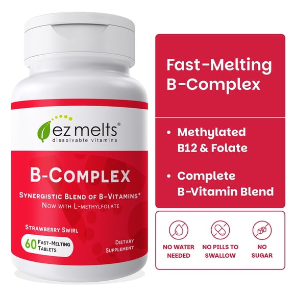 EZ Melts Dissolvable B-Complex - Vitamin B Complex - Provides Energy Metabolism & Heart Health Support - With Methylated B12 & Folate - Non-GMO & Vegan - Strawberry Swirl - 60 Tablets (60 Servings)