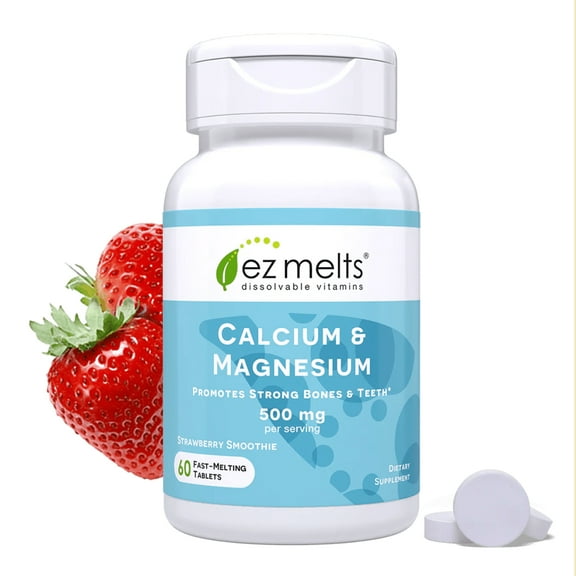 EZ Melts Calcium & Magnesium - Daily Supplement for Heart, Bone, Immune & Brain Health - With Vitamin D3 - Non-GMO & Vegan - Strawberry Smoothie - 60 Dissolvable Tablets (30 Servings)