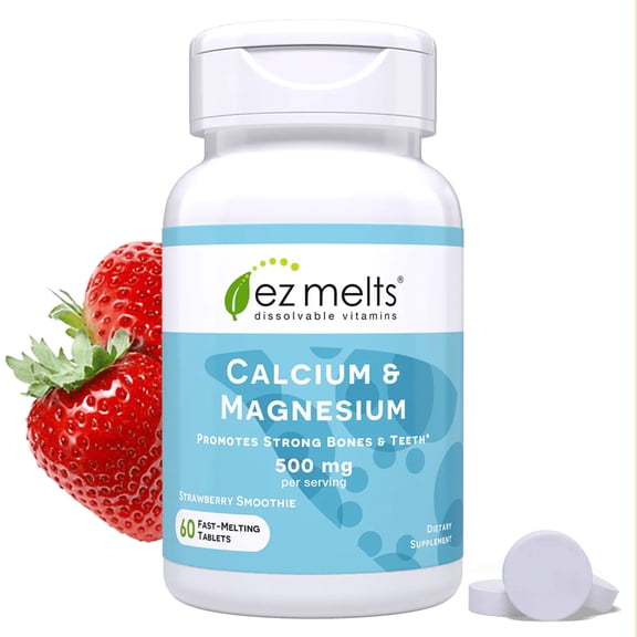 EZ Melts Calcium & Magnesium - Daily Supplement for Heart, Bone, Immune & Brain Health - With Vitamin D3 - Non-GMO & Vegan - Strawberry Smoothie - 60 Dissolvable Tablets (30 Servings)