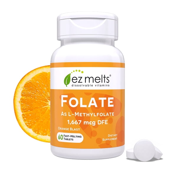 EZ Melts Dissolvable Folate 1,667 mcg DFE - Methylated Folate Supplement - Heart Health & Healthy Fetal Development - Non-GMO, Vegan & Dairy-Free - Orange Blast -60 Dissolvable Tablets (60 Servings)