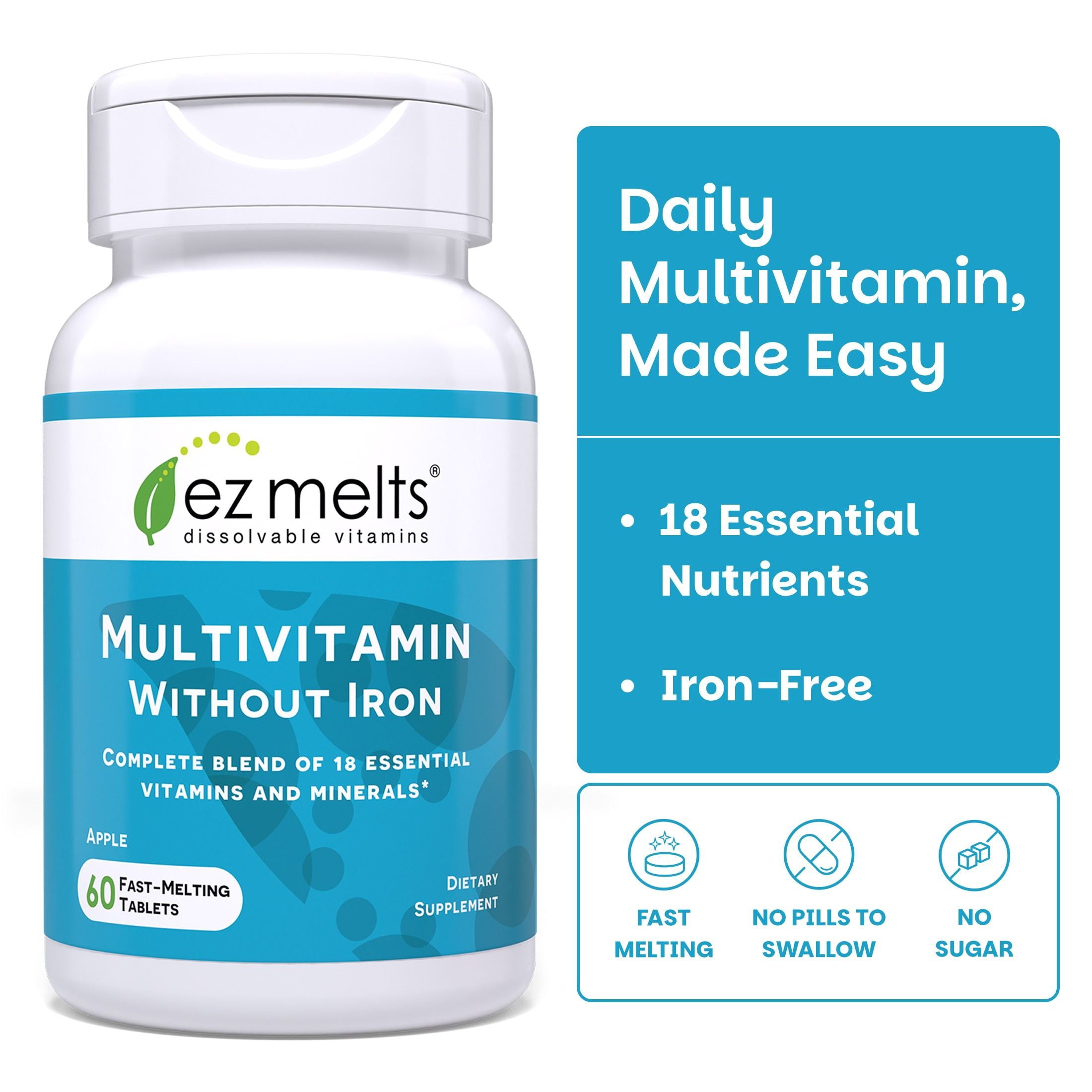 EZ Melts Multivitamin Without Iron - Daily Supplement with 18 Vitamins & Minerals - Contains Vitamin C, Folate, Biotin & More - Non-GMO & Vegan - Apple - 60 Dissolvable Tablets (30 Servings)