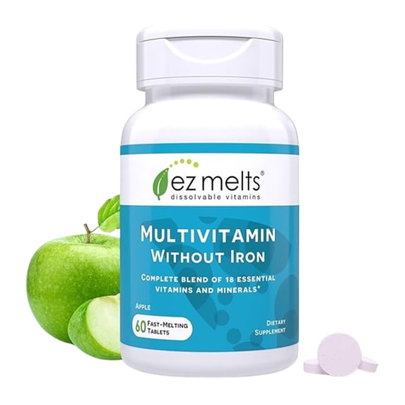 EZ Melts Multivitamin Without Iron - Daily Supplement with 18 Vitamins & Minerals - Contains Vitamin C, Folate, Biotin & More - Non-GMO & Vegan - Apple - 60 Dissolvable Tablets (30 Servings)