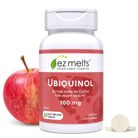 EZ Melts Ubiquinol 100 mg - CoQ10 Supplement for Heart Health & Energy Support - Antioxidant Protection - No Artificial Flavors - Non-GMO & Vegan - Apple - 60 Dissolvable Tablets (60 Servings)
