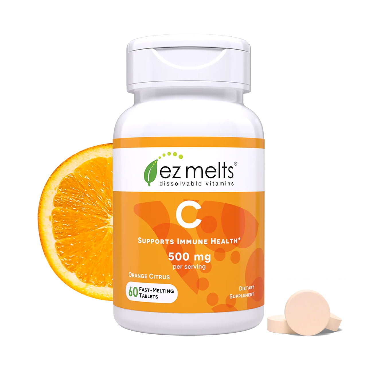 EZ Melts Vitamin C - Daily Vitamin for Antioxidant & Immune Support - No Artificial Flavors - Non-GMO & Sugar-Free - Orange Citrus - 60 Dissolvable Tablets (30 Servings)