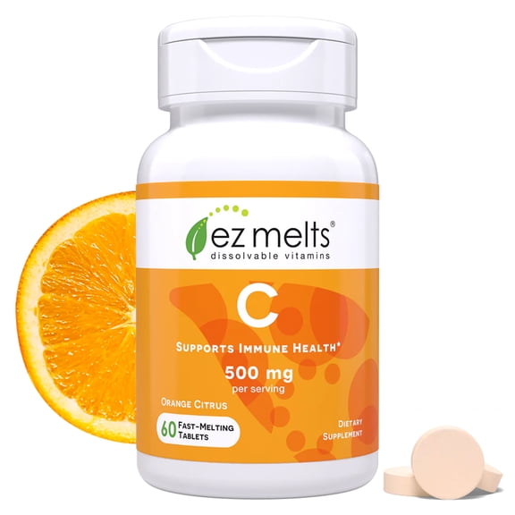 EZ Melts Vitamin C - Daily Vitamin for Antioxidant & Immune Support - No Artificial Flavors - Non-GMO & Sugar-Free - Orange Citrus - 60 Dissolvable Tablets (30 Servings)