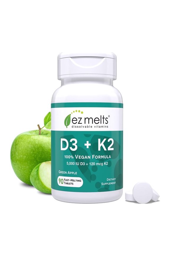Dissolvable Vegan Vitamin D3 & K2 5,000 IU - Immune, Bone & Heart Health Support - Non-GMO - Green Apple - 90 Dissolvable Tablets