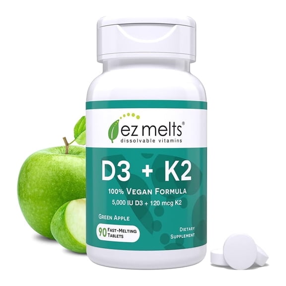 EZ Melts Dissolvable Vegan Vitamin D3 & K2 5,000 IU - Immune, Bone & Heart Health Support - Non-GMO - Green Apple - 90 Dissolvable Tablets