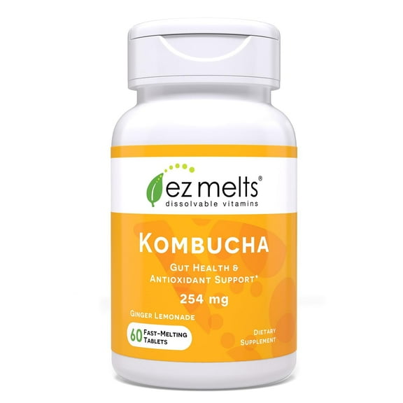 EZ Melts Dissolvable Sugar-Free Kombucha Tablets with SCOBY & Apple Cider Vinegar, Gut Health Supplements for Men & Women, Ginger Lemonade Flavor, 2-Month Supply - 1 Pack