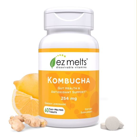 EZ Melts Dissolvable Sugar-Free Kombucha Tablets with SCOBY & Apple Cider Vinegar, Gut Health Supplements for Men & Women, Ginger Lemonade Flavor - 60 Dissolvable Tablets (60 Servings)