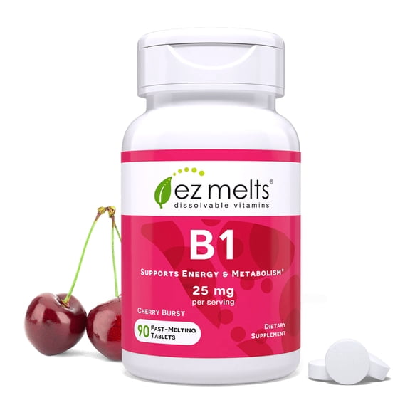 EZ Melts Dissolvable Vitamin B1 25 mg - Thiamin Supplement for Energy, Stress & Cellular Support - No Artificial Flavors - Non-GMO & Vegan - Cherry Burst - 90 Dissolvable Tablets (45 Servings)