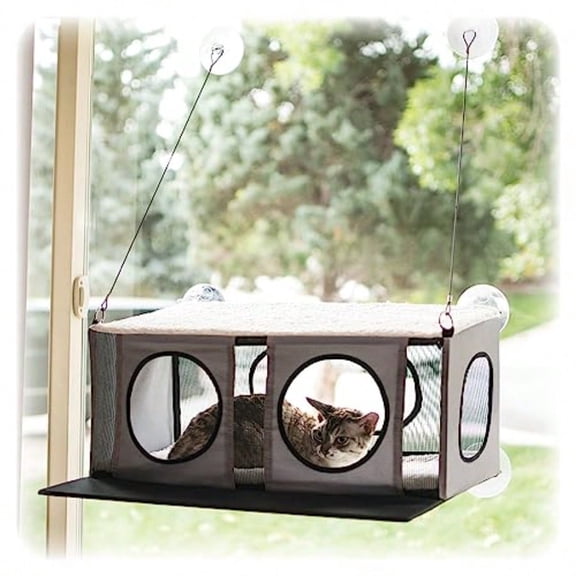 EZ Mount Cat Window Perch Penthouse 2level Tree Sturdy Window Perch for Large Cats Steel Frame Sturdy Suction Cups Enclosed Privacy Area Fits 24W X 34H Glass Spaces