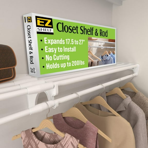 EZ Shelf DIY Expandable Closet Shelf & Rod - 17.5? - 27? - White - Mounts to 2 Sidewalls - Easy to Install-Strong - Wire Shelving Alternative - Rod & Shelf Kit (EZS-SCRW27)