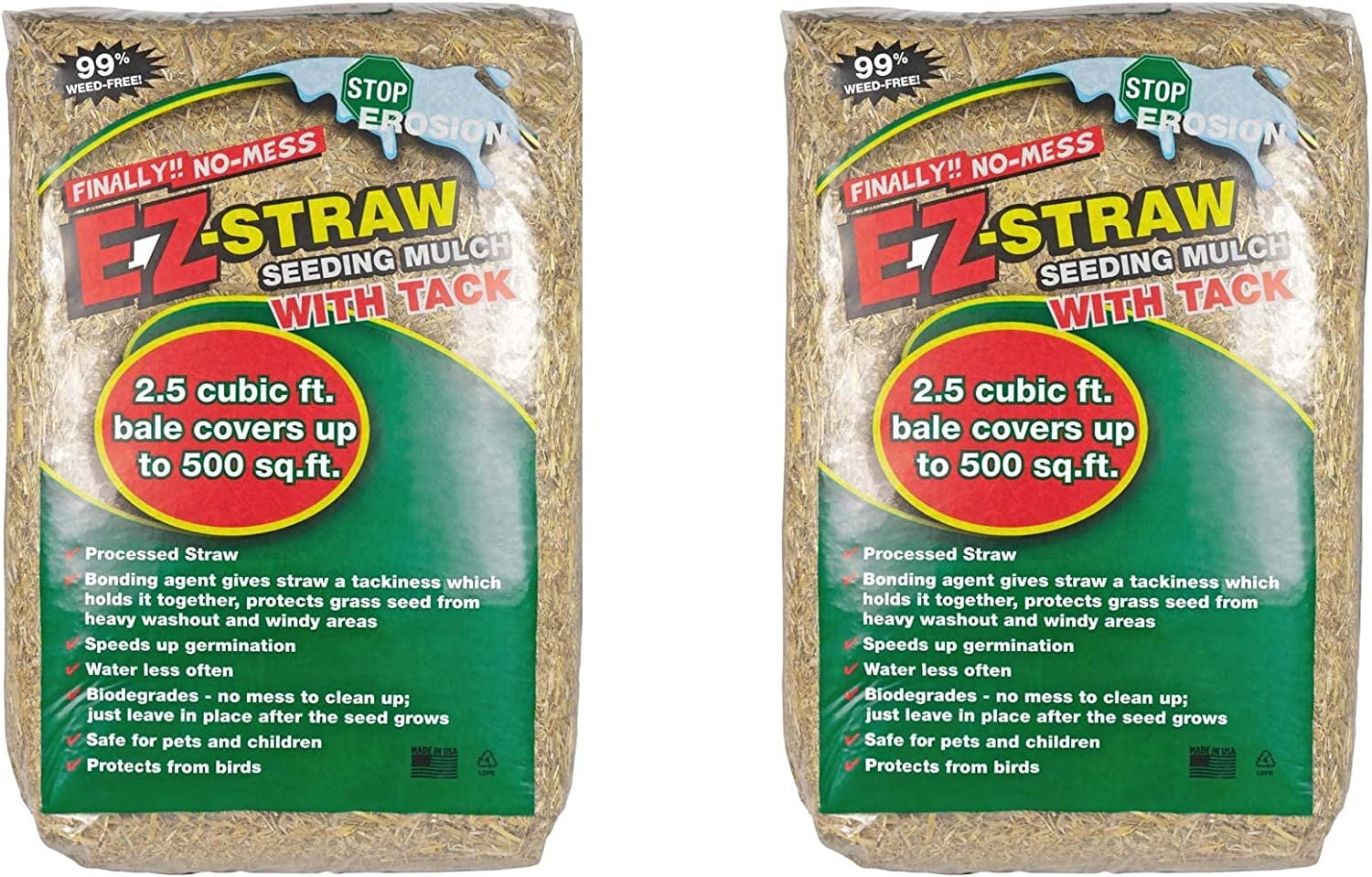 EZ-Straw Seeding Mulch with Tack - Biodegradable Organic Processed Straw  2.5 CU FT Bale Covers up to 500 sq. ft. 2 Pack