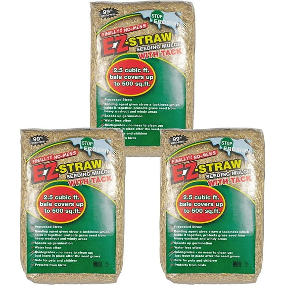 EZ-Straw Seeding Mulch with Tack - Biodegradable Organic Processed Straw 2.5 CU FT Bale Covers up to 500 sq. ft. 3 Pack