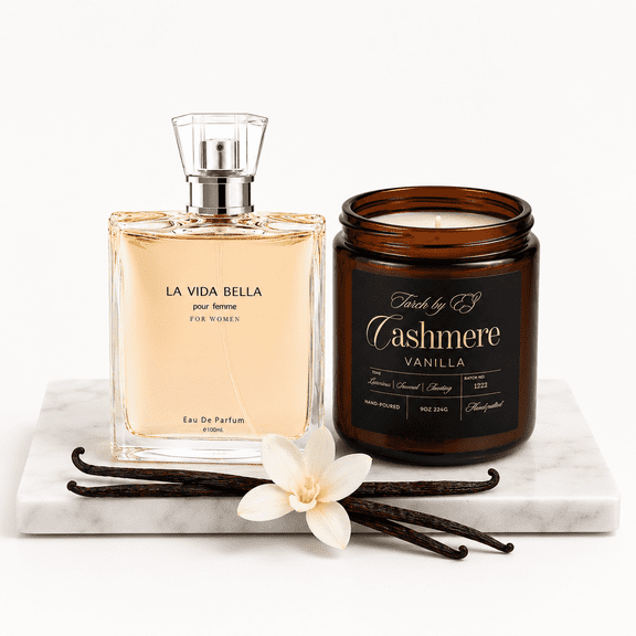 EZ Torch La Vida Bella & Cashmere Vanilla Fragrance Collection for Women, Eau De Parfum and Scented Candle Gift Set, Vanilla Floral Luxury Home & Body Collection